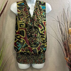 #76 Bisou Bisou sleeveless sheer, ruffle collar,  top size large